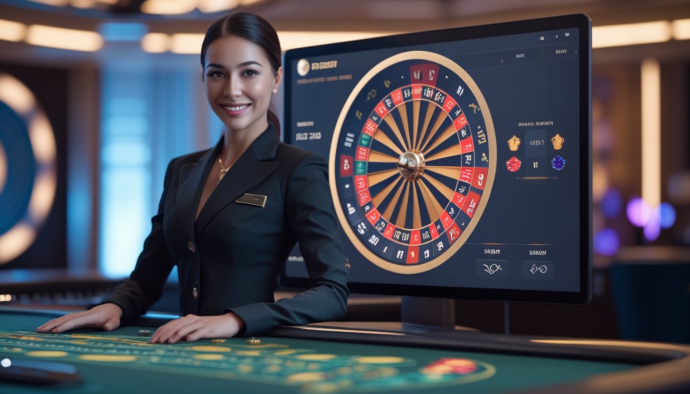 Seorang dealer profesional tersenyum di depan layar komputer yang menampilkan roda roulette digital dalam suasana kasino yang aman dan modern.