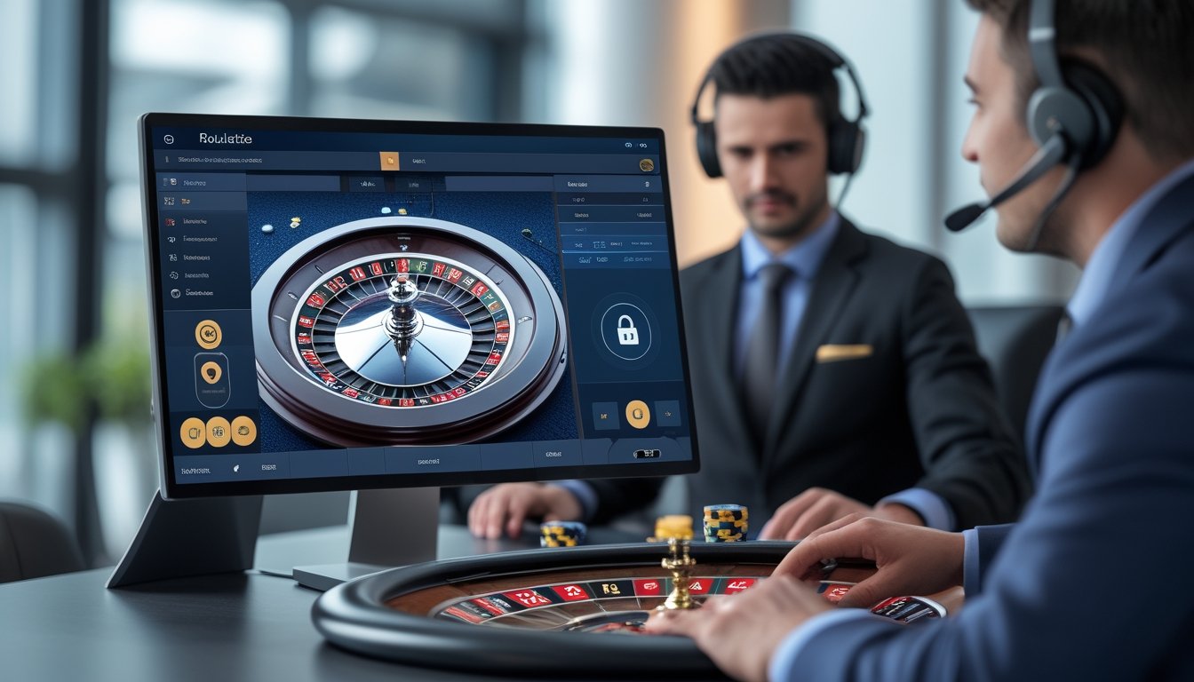 Seorang dealer profesional sedang mengelola permainan roulette online di depan layar komputer dengan tampilan roda roulette dan meja taruhan digital.