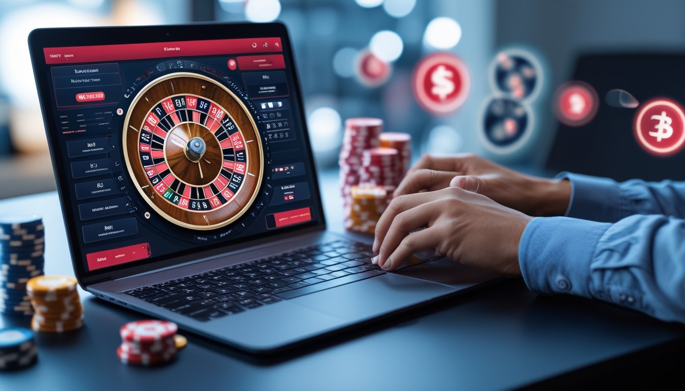 Seorang pemain sedang bermain roulette online dengan layar komputer menampilkan roda roulette yang berputar dan tumpukan chip di sekitarnya.