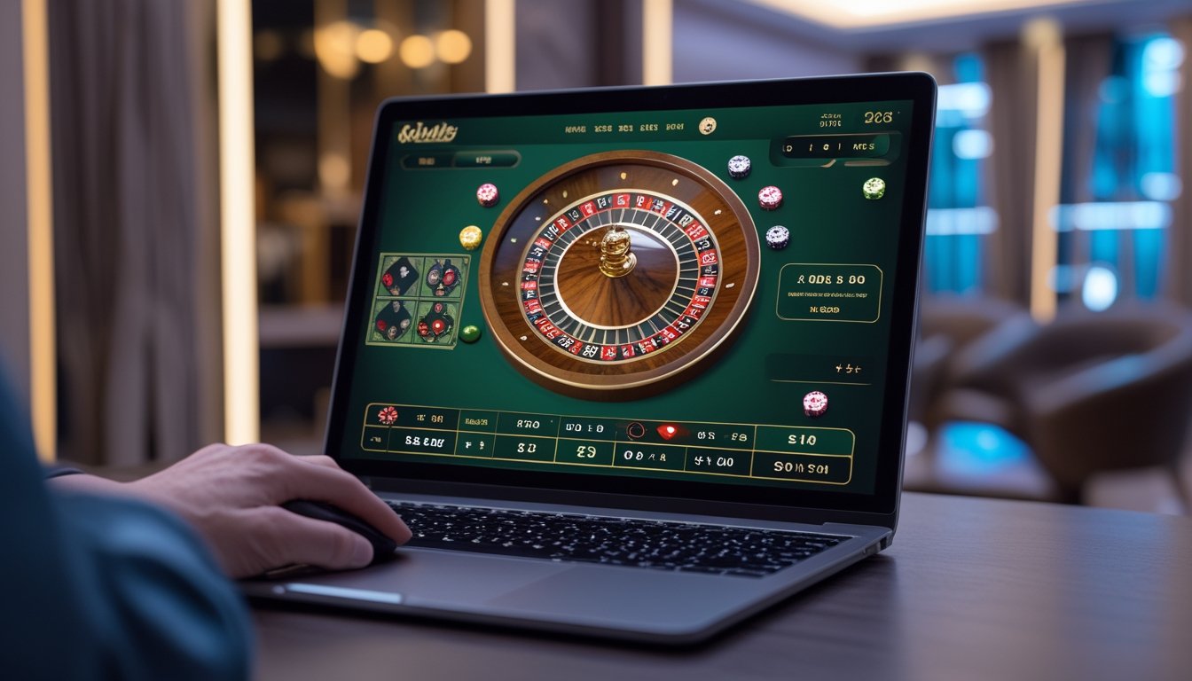 Seseorang sedang bermain roulette online di komputer dengan tampilan roda roulette digital dan chip taruhan di layar.