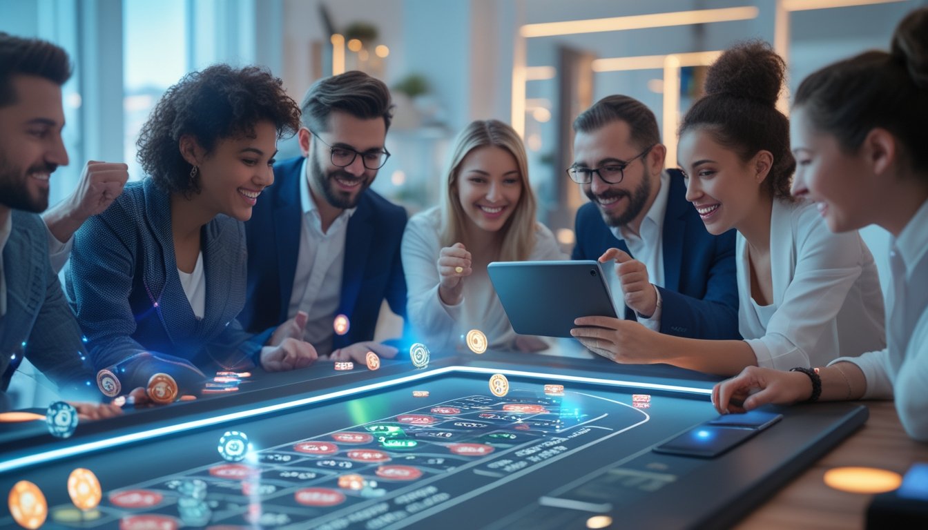 Beberapa orang sedang bermain roulette online menggunakan perangkat digital di ruangan modern dengan suasana cerah dan menyenangkan.