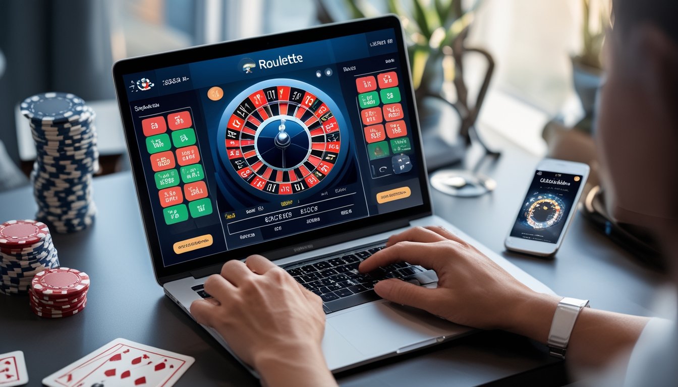 Seseorang menggunakan laptop dengan tampilan roda roulette online dan chip poker di meja, di ruang kerja yang terang.