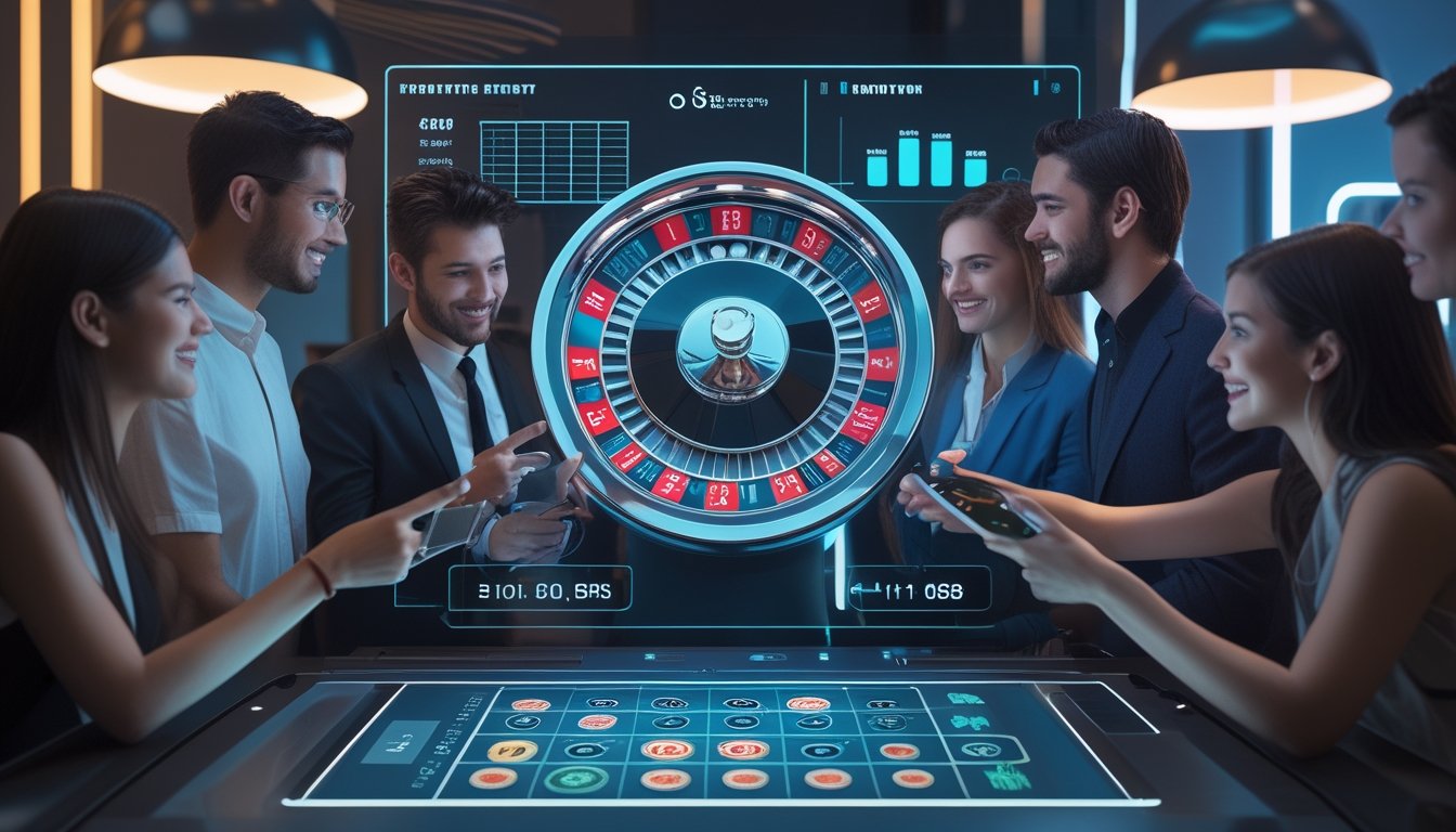Sekelompok orang muda bermain roulette online di layar sentuh besar dalam ruangan modern yang terang, terlihat antusias dan berinteraksi dengan perangkat digital.