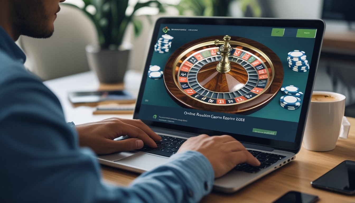 Seorang dewasa muda sedang menggunakan laptop dengan tampilan roda roulette digital di layar dalam suasana ruang kerja rumah yang nyaman.