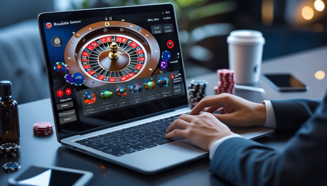 Tangan seseorang menggunakan laptop dengan tampilan permainan roulette online, di meja yang rapi dengan chip poker dan ponsel di latar belakang ruangan nyaman.