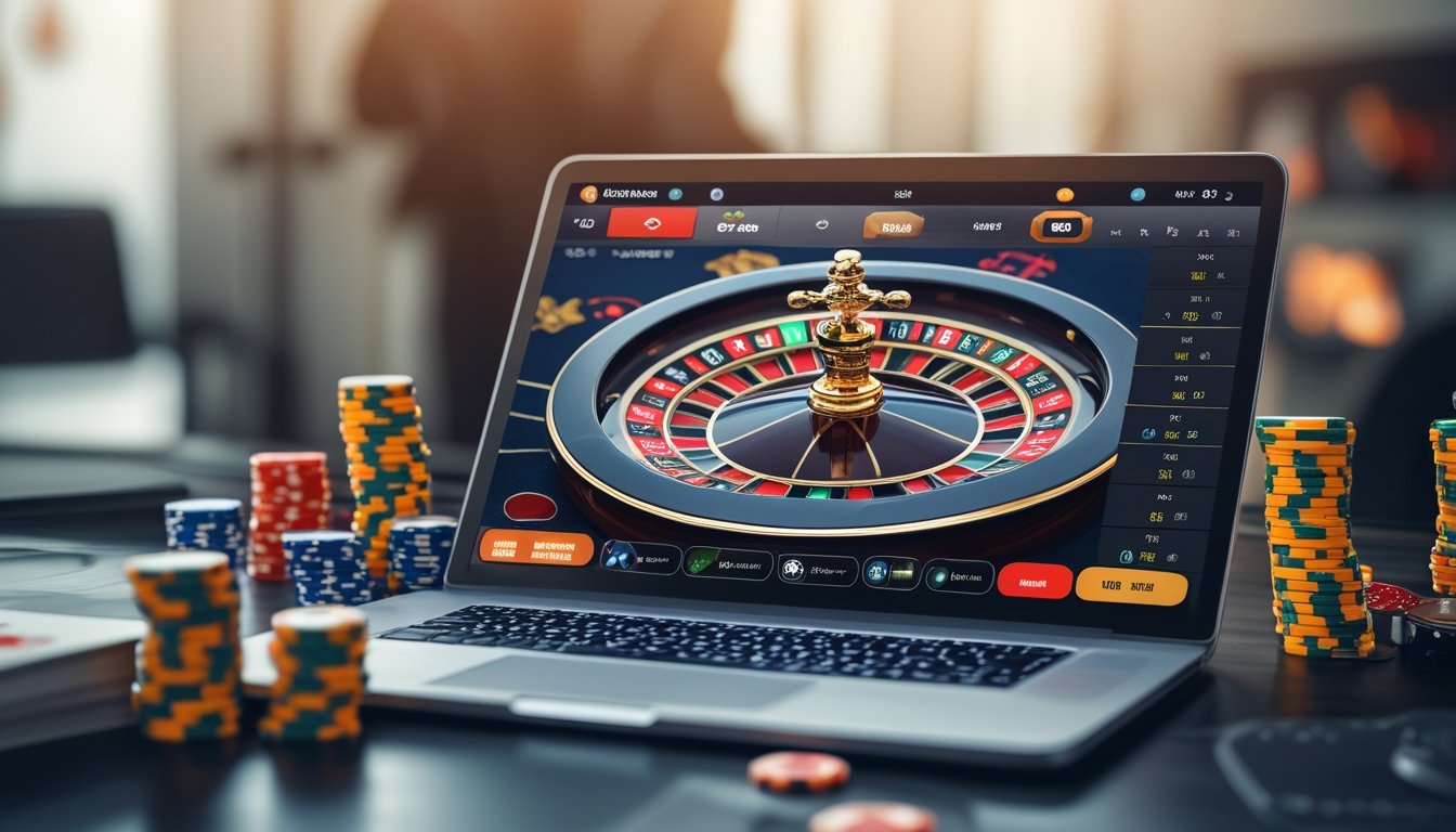Sebuah komputer dengan tampilan roda roulette digital dan chip poker di sekitarnya.