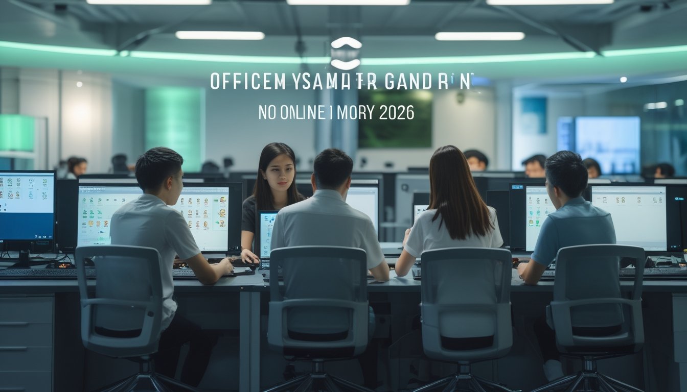 Sekelompok orang muda di kantor modern sedang bermain permainan kartu online menggunakan komputer dan laptop.