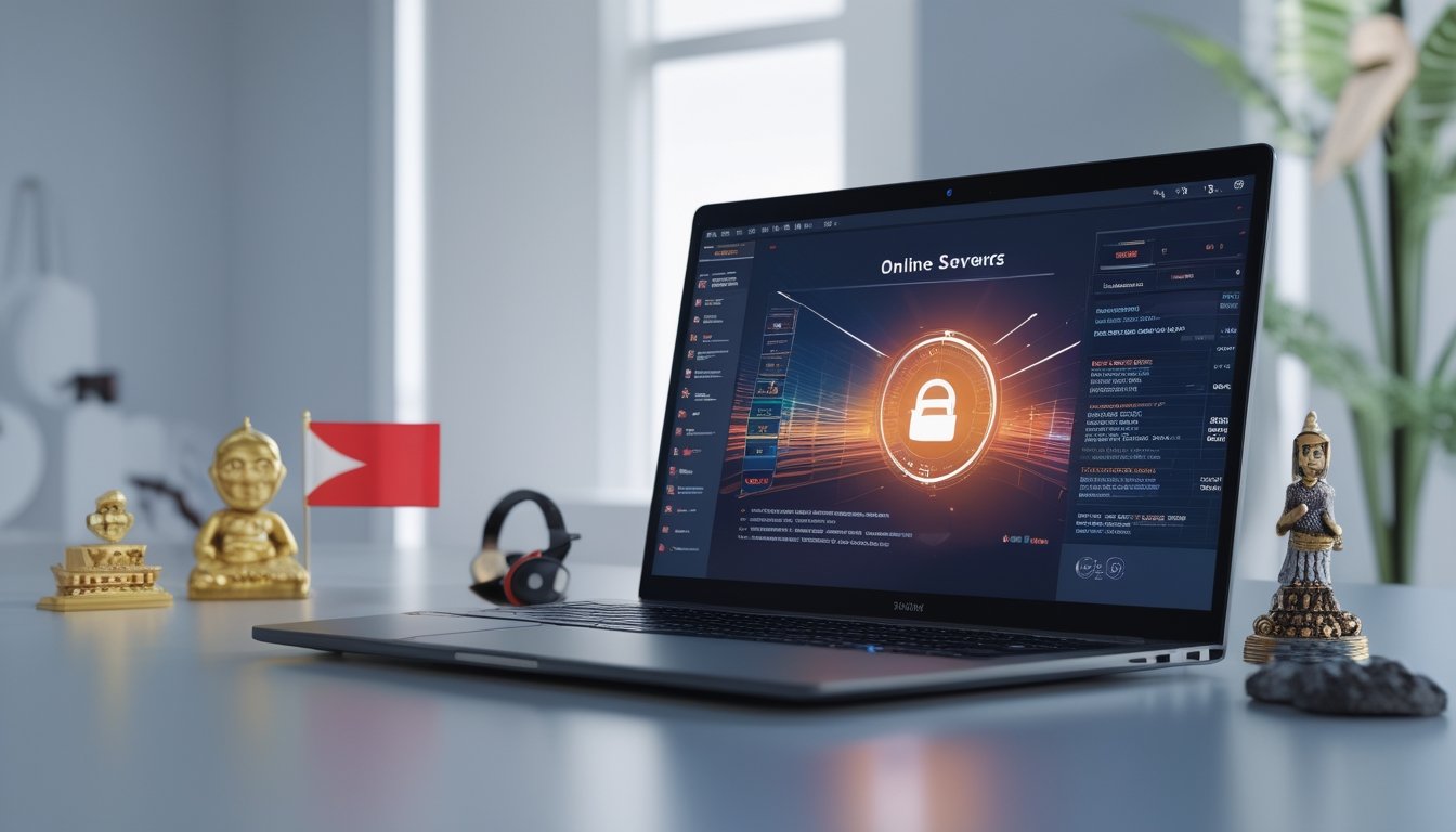 Meja kerja modern dengan laptop yang menampilkan antarmuka digital, dikelilingi oleh elemen yang melambangkan Indonesia dan teknologi online.