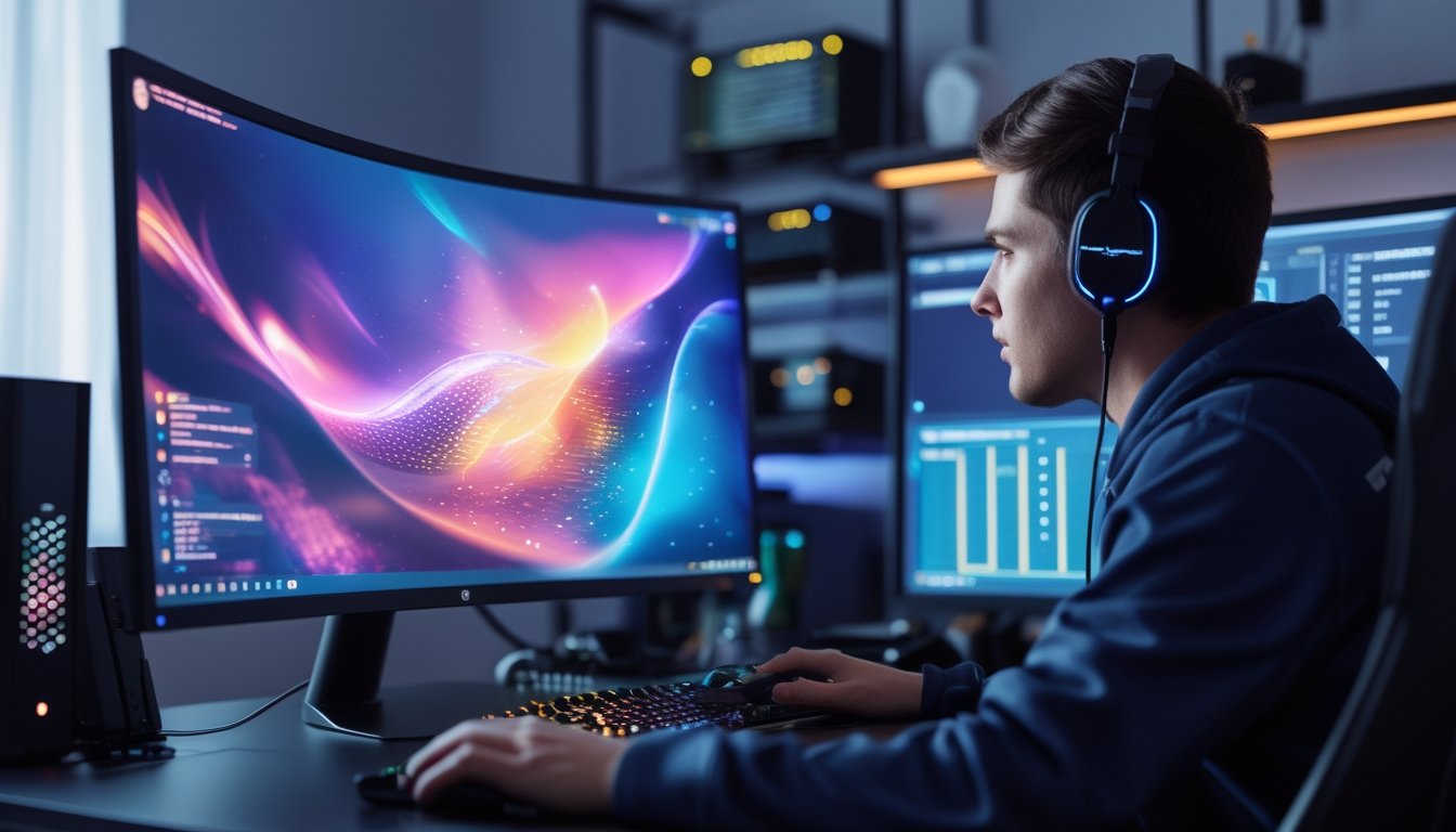 Seseorang duduk di depan komputer dengan layar besar dan peralatan gaming, menunjukkan suasana kerja online yang lancar dan stabil.