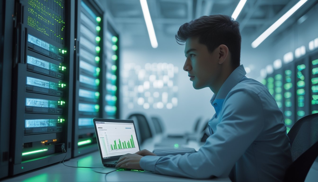 Seorang pria muda sedang bekerja dengan laptop di ruang server modern yang terang dan bersih dengan baris server yang menyala.