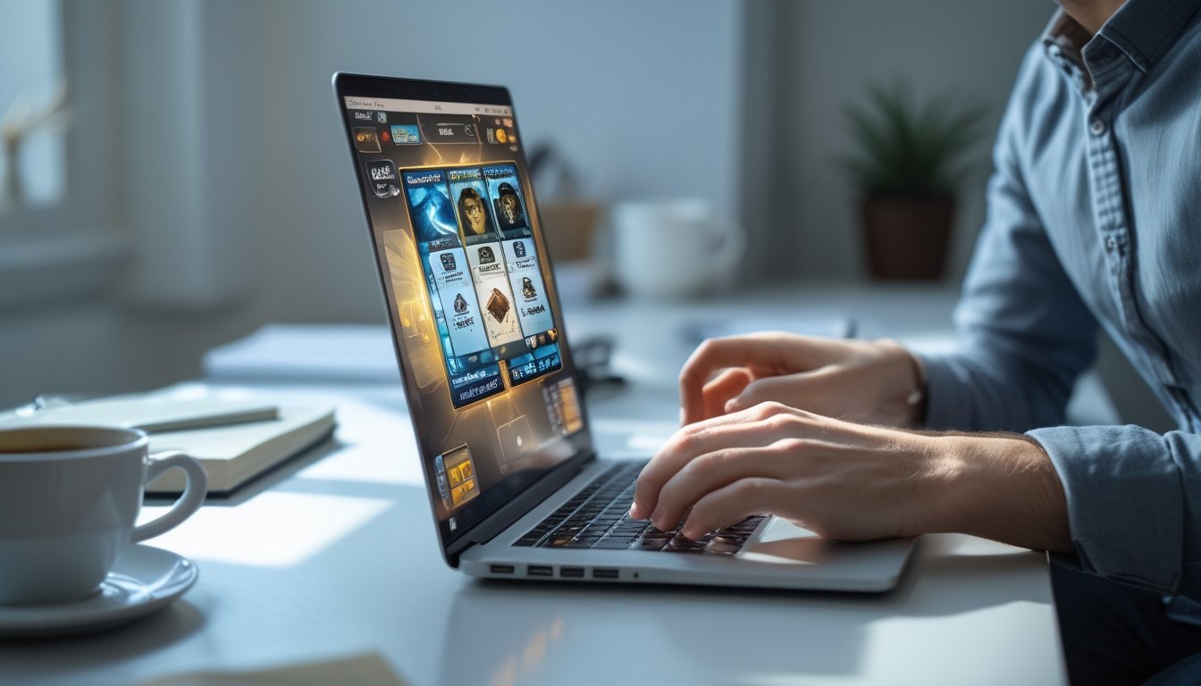 Seorang pemula bermain permainan kartu online di laptop di ruang kerja rumah yang rapi dan terang.