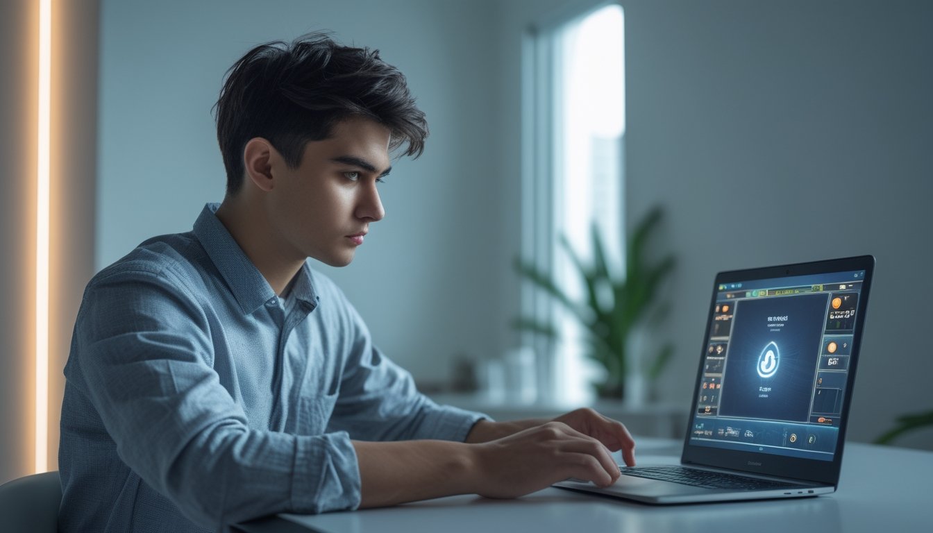 Seorang pria muda sedang bermain permainan kartu online di laptop di ruangan yang terang dan rapi.