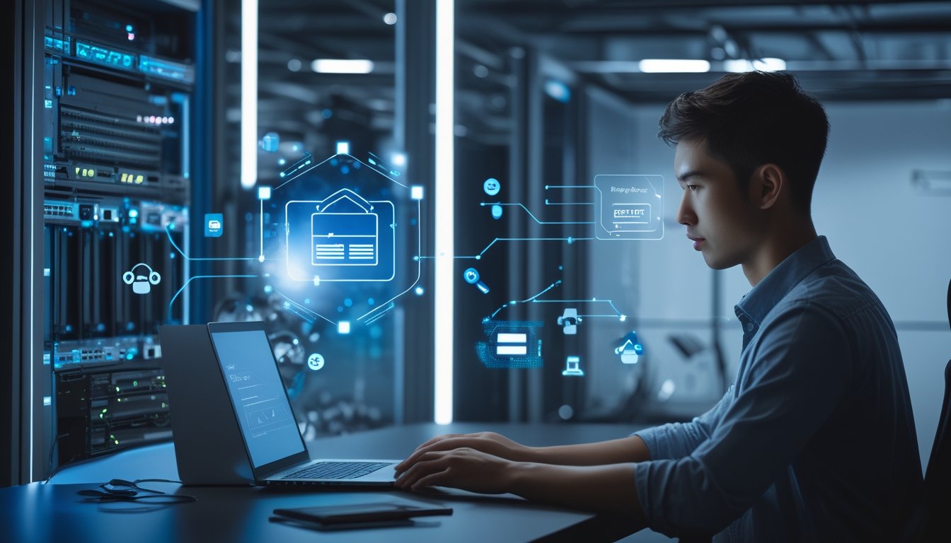 Seorang pria muda menggunakan laptop di kantor modern dengan latar belakang rak server dan grafik digital yang menunjukkan koneksi jaringan dan pembayaran aman.
