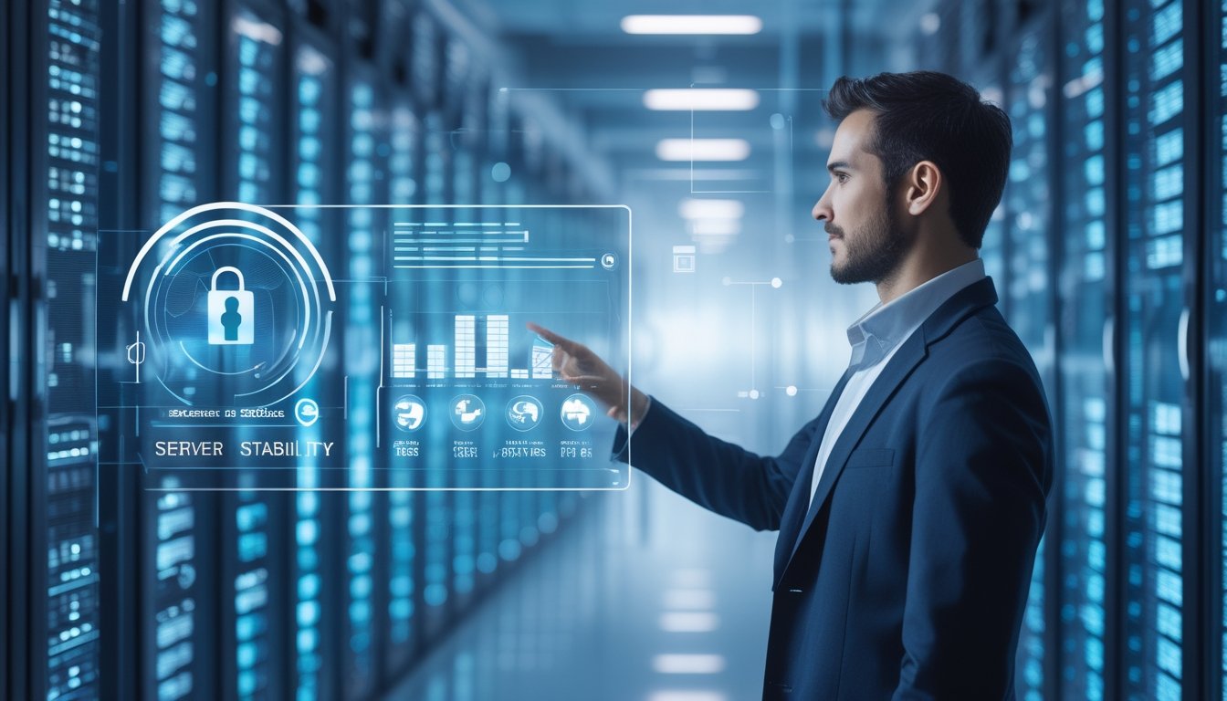 Seorang profesional IT sedang menggunakan antarmuka digital di depan rak server di pusat data yang modern.