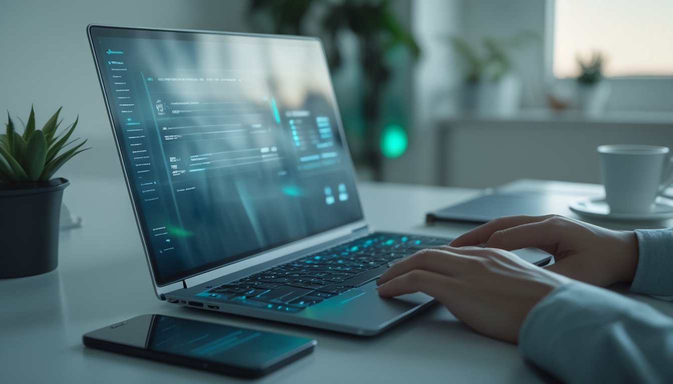 Seseorang menggunakan laptop di meja kerja dengan suasana tenang dan rapi, menunjukkan pengalaman bermain game online yang lancar dan stabil.