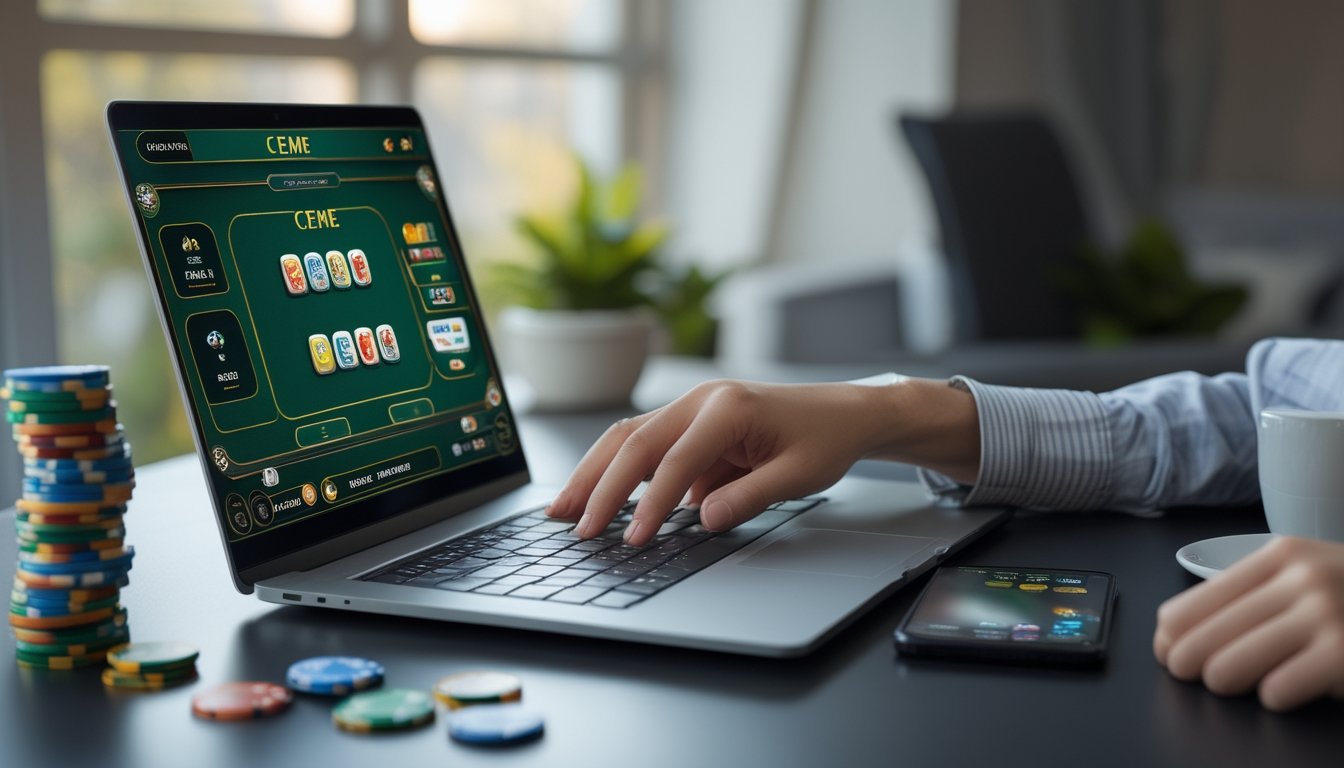 Seorang pemain sedang bermain permainan Ceme online di laptop di meja kerja dengan beberapa chip dan ponsel di dekatnya.