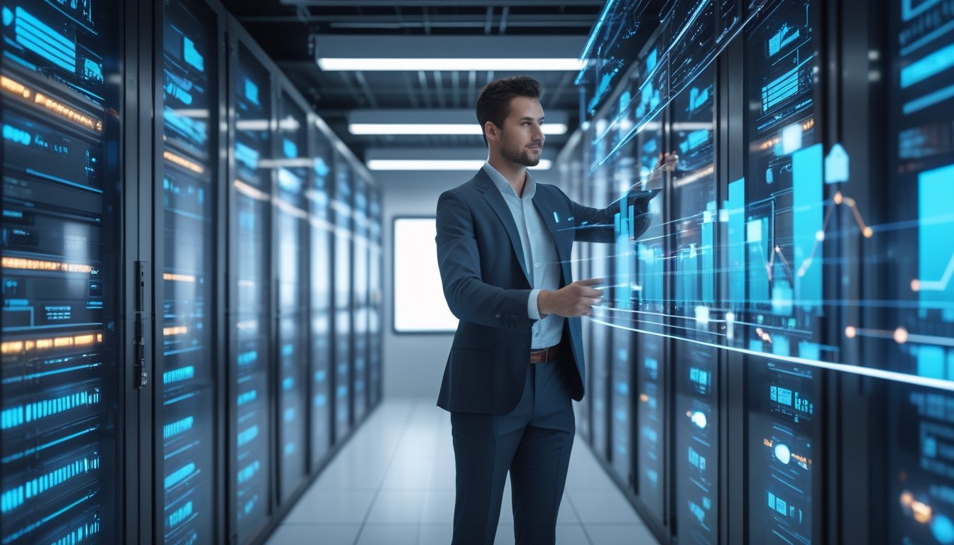 Seorang profesional sedang berinteraksi dengan antarmuka digital di ruang server modern yang terang dan rapi.
