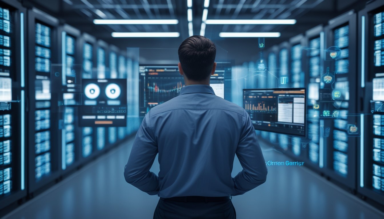 Seorang profesional IT memantau layar di ruang server modern dengan rak server yang menyala biru, menunjukkan keamanan dan stabilitas server untuk permainan online.