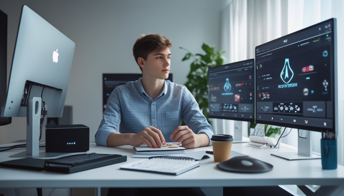 Seorang pria muda duduk di depan komputer dengan beberapa layar menampilkan permainan kartu online, terlihat fokus dan tenang di ruang kerja yang rapi.