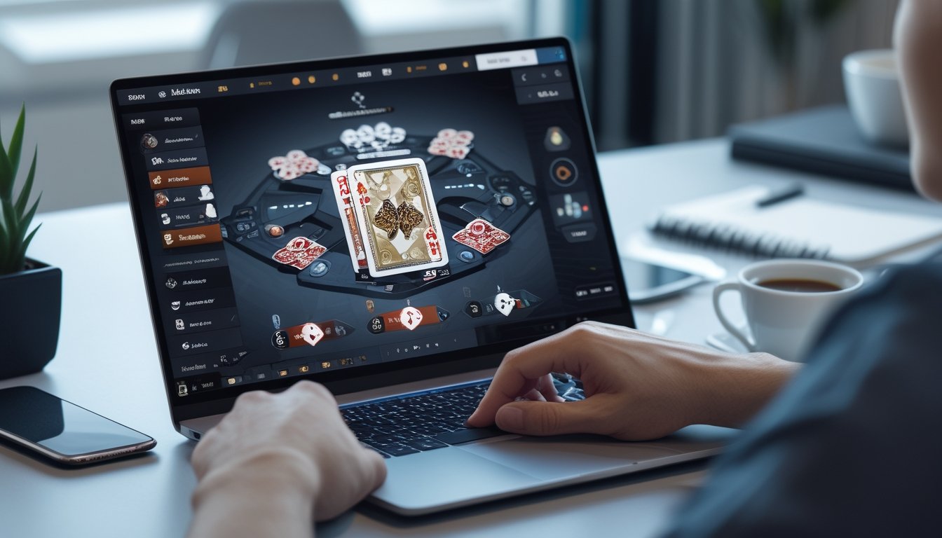 Seseorang bermain permainan kartu online di laptop di ruang kerja yang rapi dan terang.