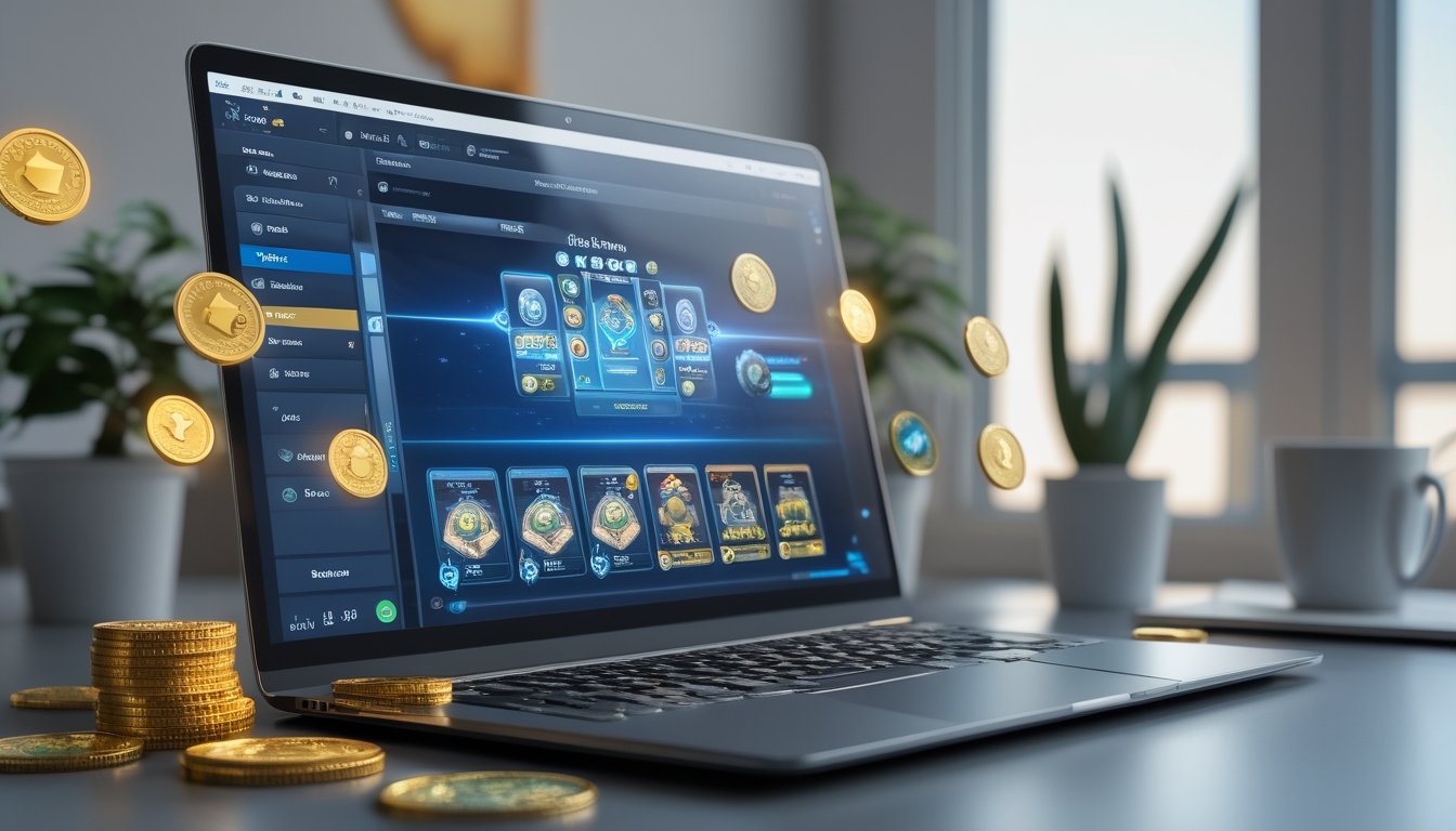 Meja kerja modern dengan laptop yang menampilkan permainan kartu digital dan ikon hadiah di sekitarnya.