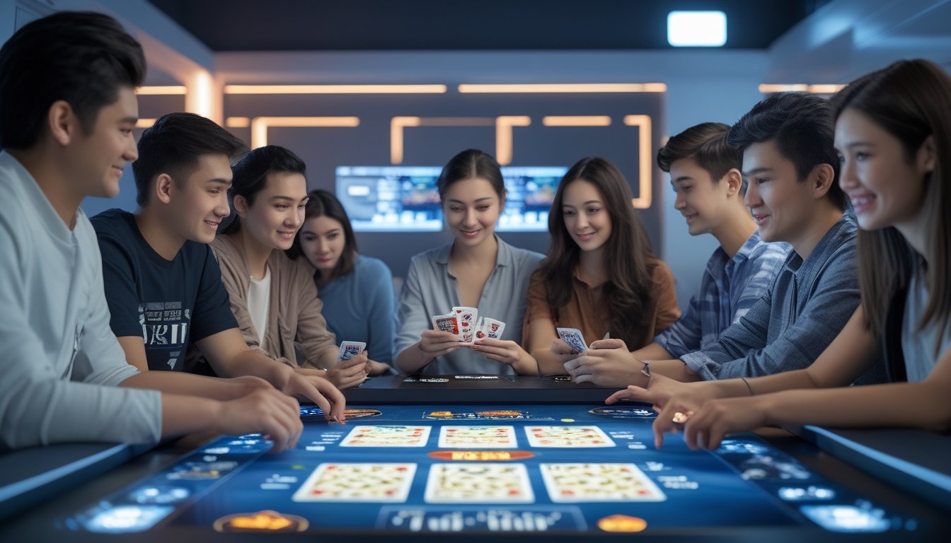 Sekelompok orang muda bermain permainan kartu digital di meja sentuh besar dalam ruangan terang dengan suasana teknologi yang stabil dan menyenangkan.