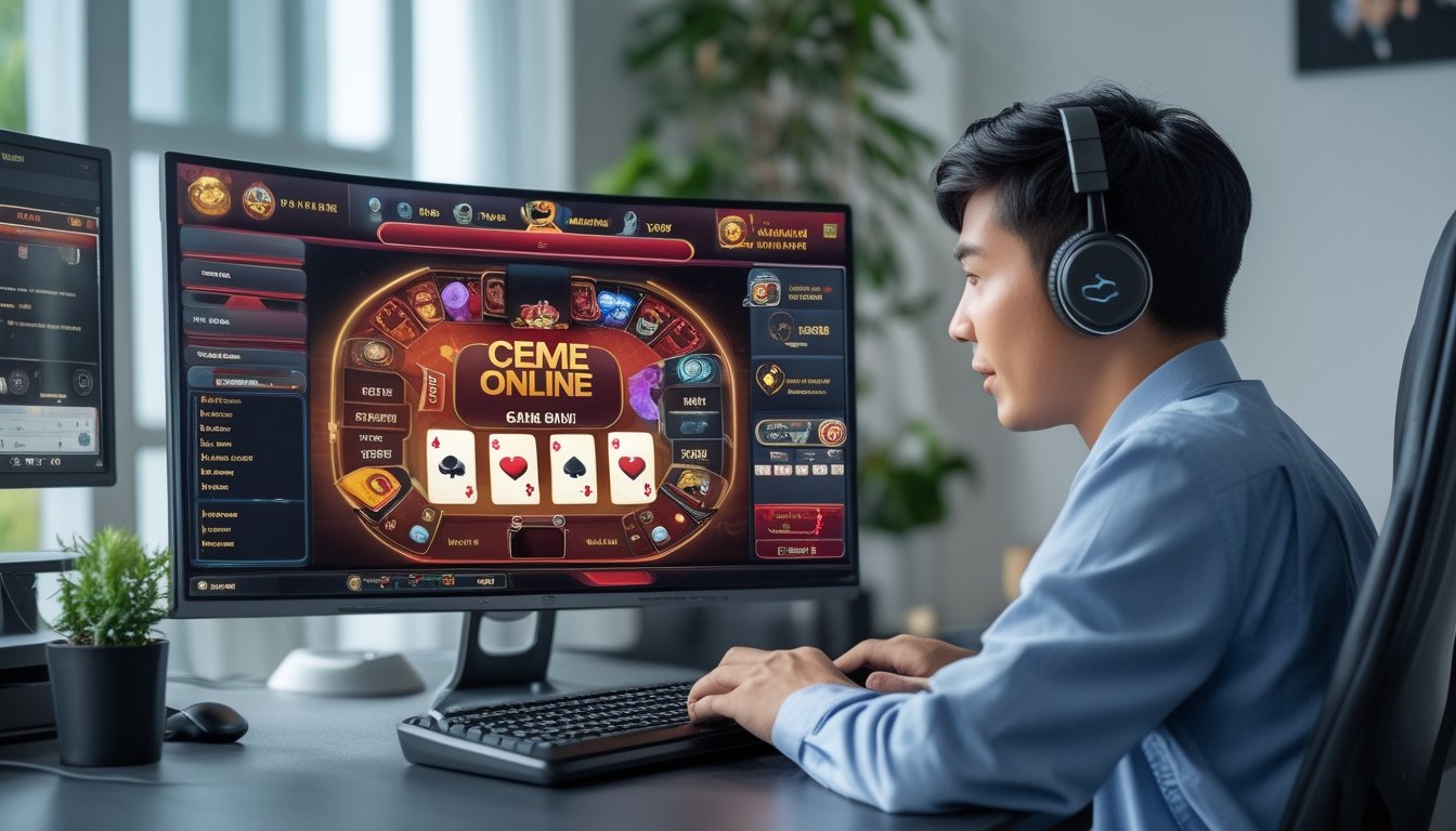 Seorang pria muda Indonesia sedang bermain permainan kartu Ceme Online di komputer di ruang kerja modern.
