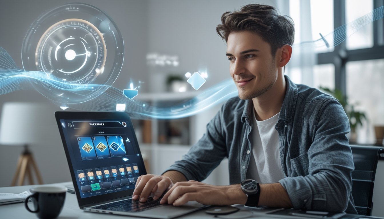 Seorang pria muda duduk di depan laptop di ruang kerja rumah, fokus bermain permainan kartu online dengan ekspresi percaya diri.