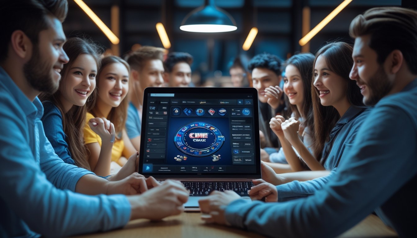 Sekelompok orang muda bermain permainan Ceme online dengan perangkat digital di lingkungan rumah atau kantor yang nyaman.