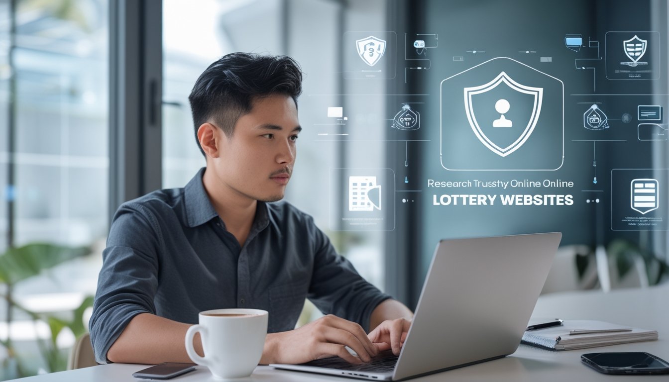 Seorang pria Indonesia duduk di meja modern menggunakan laptop untuk mencari situs togel online terpercaya dengan suasana ruangan yang rapi dan terang.