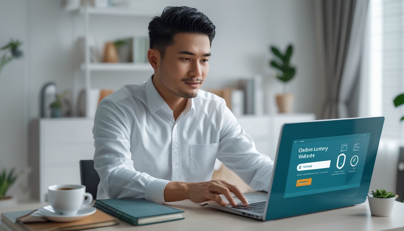 Seorang pria Indonesia sedang menggunakan laptop di ruang kerja rumah yang modern dan terang, fokus memilih situs togel online yang aman dan terpercaya.