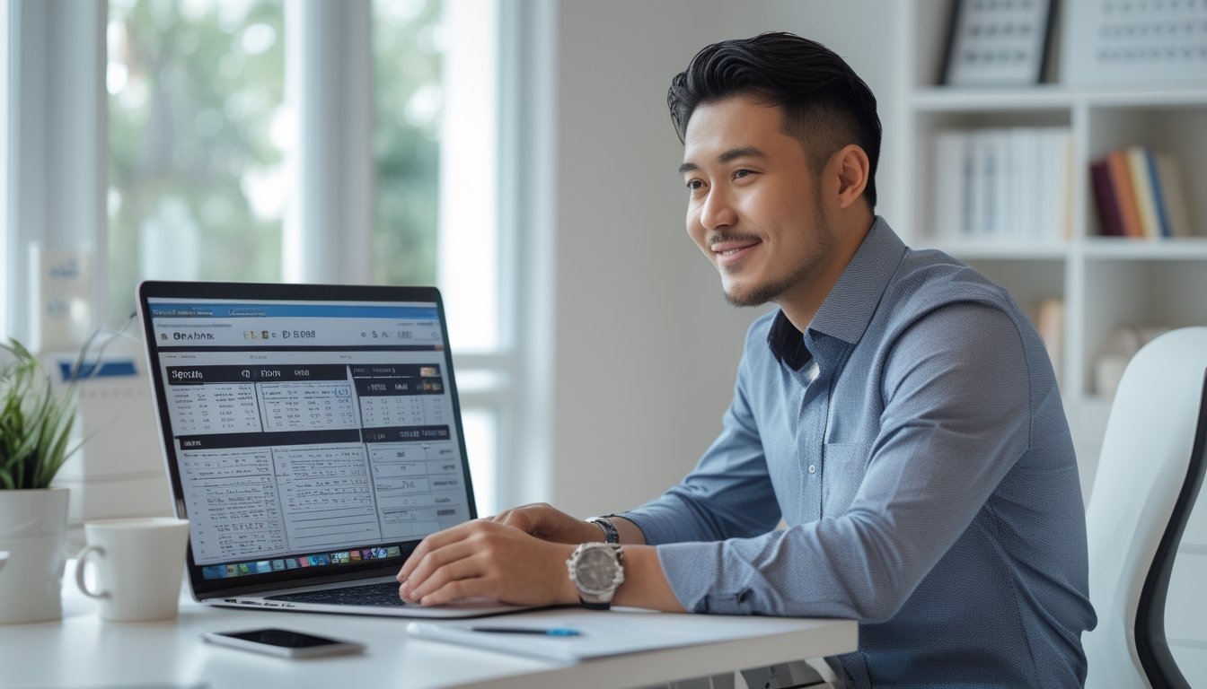 Seorang pria Indonesia duduk di meja kerja dengan laptop dan alat tulis, sedang menganalisis data togel online di ruang kerja yang terang dan rapi.