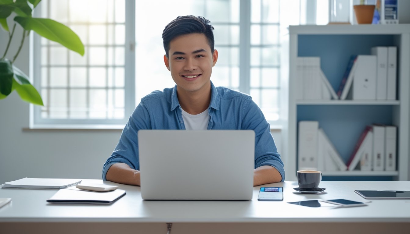 Seorang pria muda Indonesia duduk di meja dengan laptop, terlihat fokus menggunakan platform togel online di ruang kerja yang terang dan rapi.