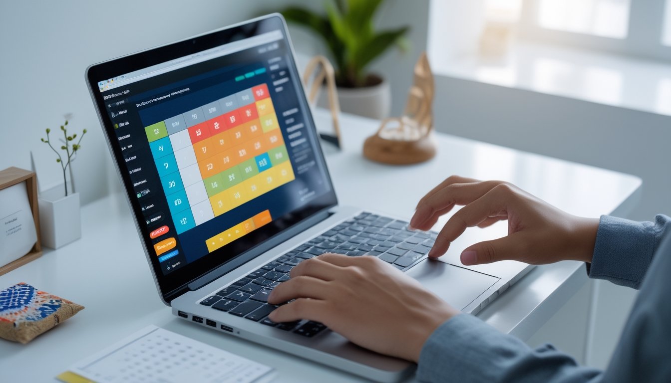 Seorang pengguna sedang bekerja dengan laptop di meja yang rapi, menampilkan antarmuka situs togel online dengan elemen budaya Indonesia di latar belakang.