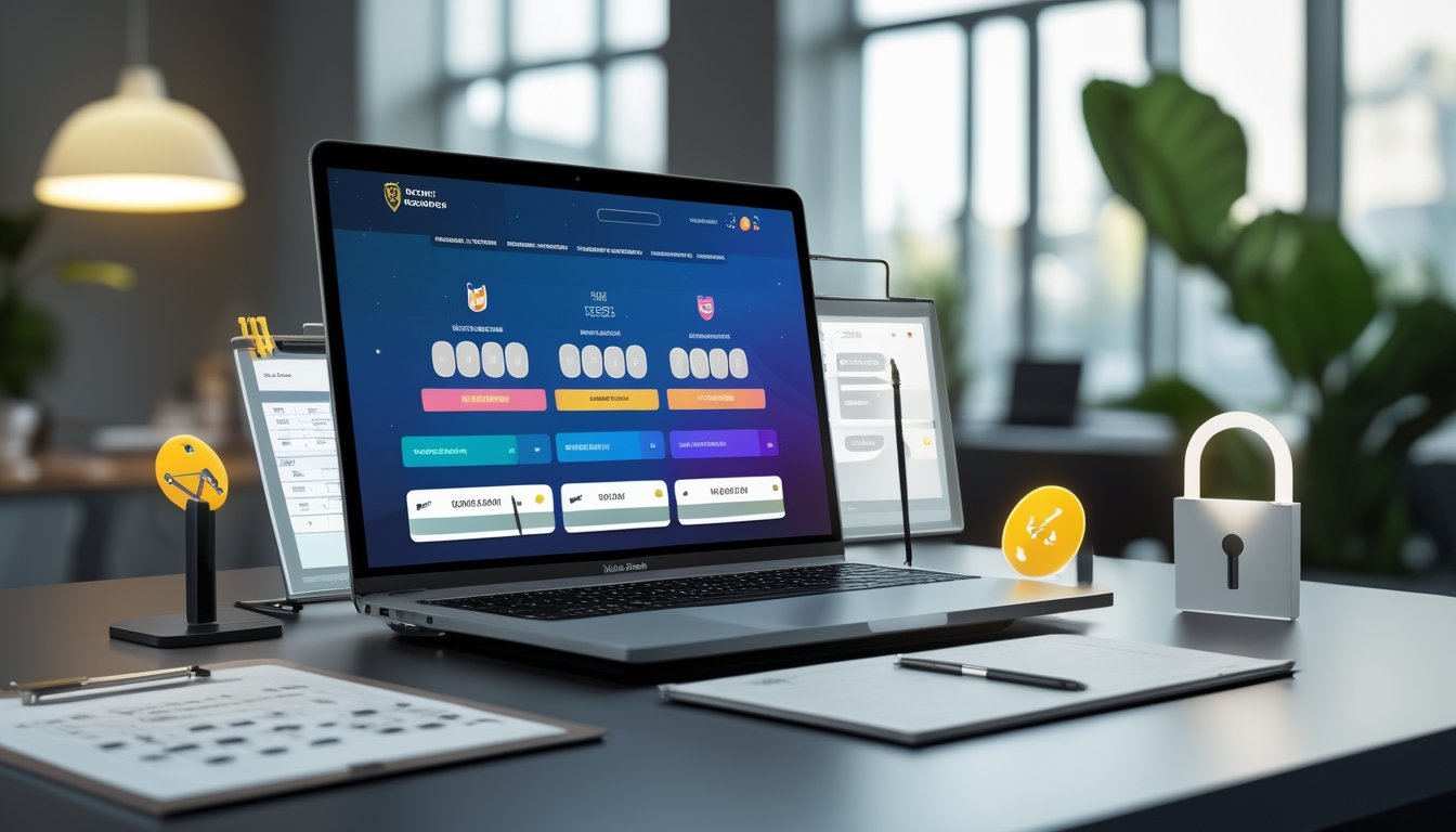 Sebuah meja kerja modern dengan laptop yang menampilkan antarmuka situs togel online, dikelilingi simbol keamanan dan kepercayaan, di dalam ruangan kantor yang terang dan rapi.