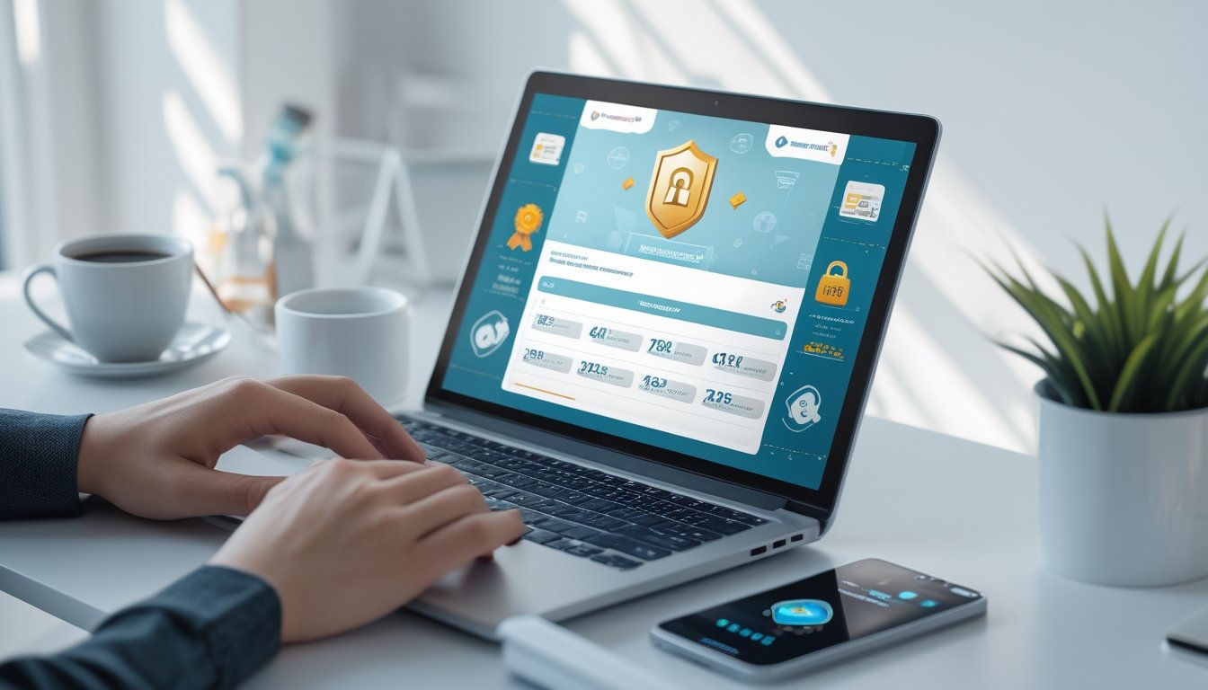 Seorang profesional menggunakan laptop di meja kerja yang rapi dengan layar menampilkan antarmuka terkait situs togel online terpercaya.