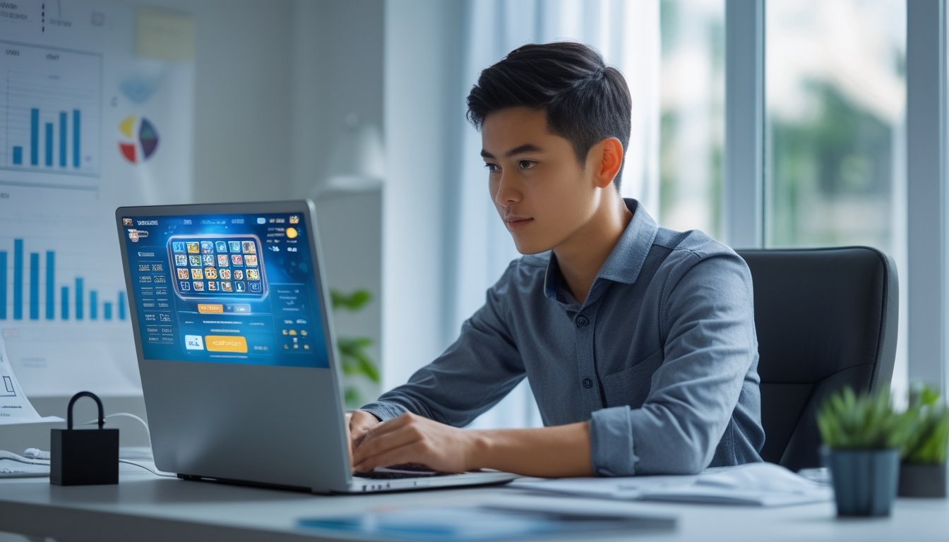 Seorang pria muda Indonesia duduk di meja modern dengan laptop, fokus pada layar yang menampilkan permainan togel online, di ruangan terang dan rapi.