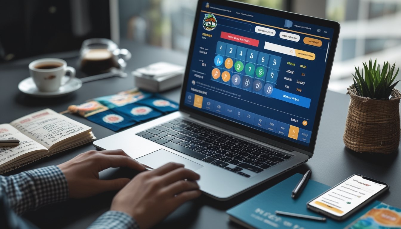 Seseorang menggunakan laptop di meja kerja dengan layar menampilkan situs togel online, dikelilingi catatan dan ponsel.