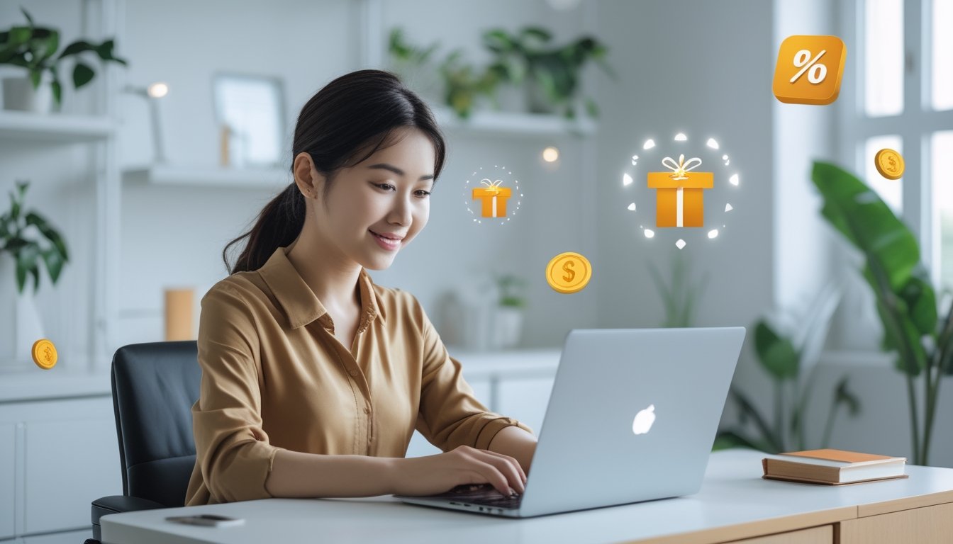 Seorang wanita Indonesia duduk di meja dengan laptop, tampak fokus dan puas saat menggunakan situs togel online terpercaya.