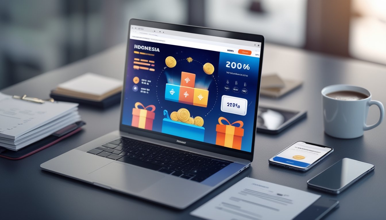 Meja kerja dengan laptop yang menampilkan dashboard bonus dan promo togel online, ponsel, dokumen, dan cangkir kopi.