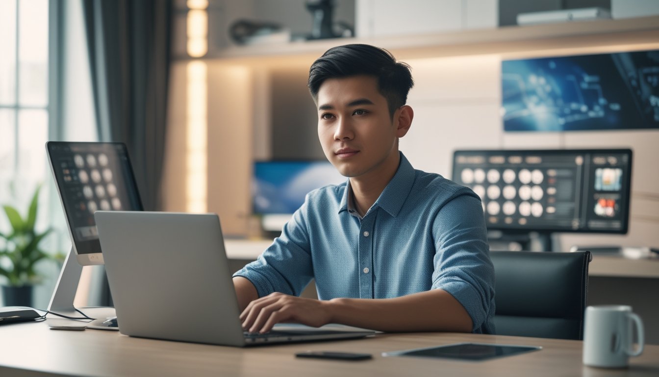 Seorang pria muda Indonesia duduk di meja modern dengan laptop, terlihat fokus dan percaya diri di ruang kerja rumah yang rapi dan terang.