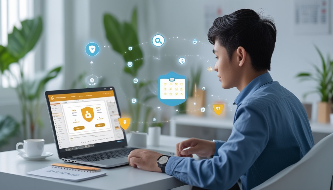 Seorang pria muda Indonesia duduk di meja kerja dengan laptop, fokus pada layar yang menunjukkan platform online yang aman, di ruang kerja yang terang dan rapi dengan tanaman hijau di latar belakang.