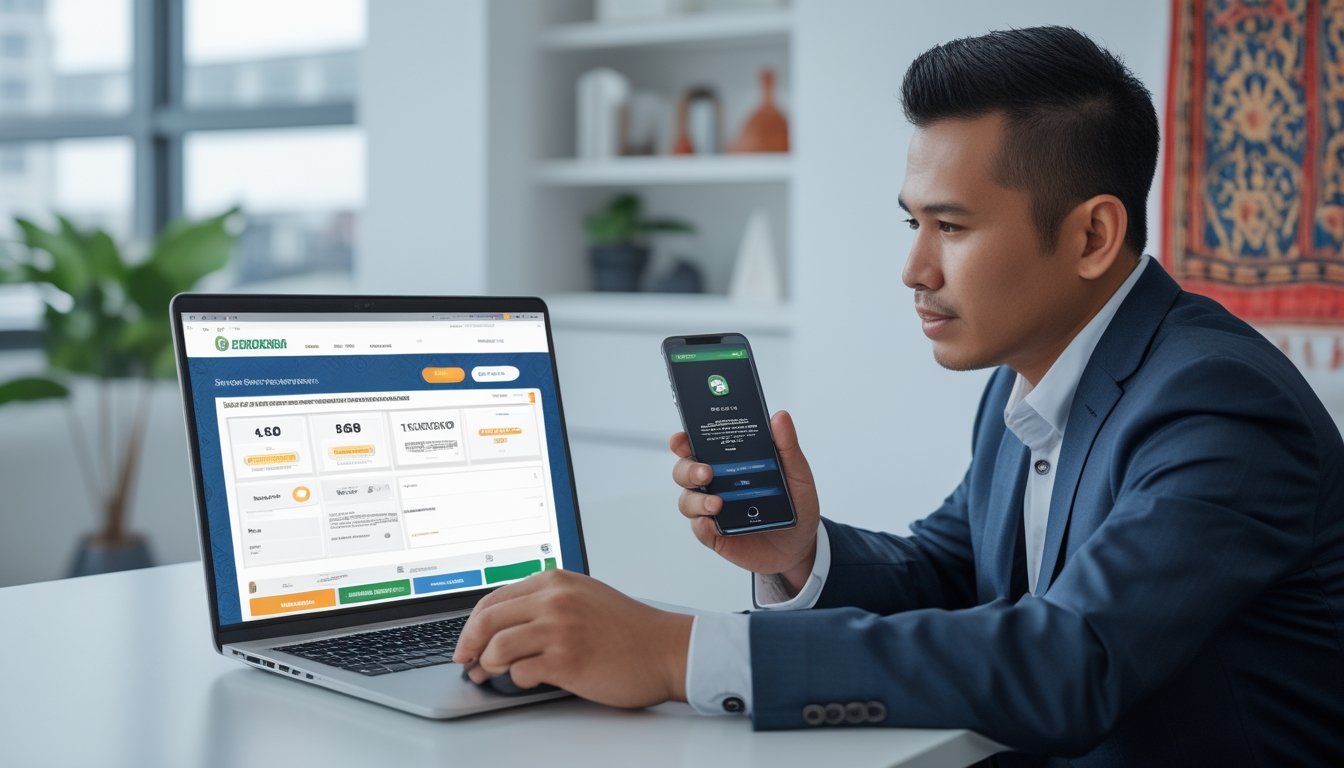 Seorang pria Indonesia duduk di meja dengan laptop dan ponsel, fokus pada layar yang menunjukkan aktivitas situs togel online terpercaya.