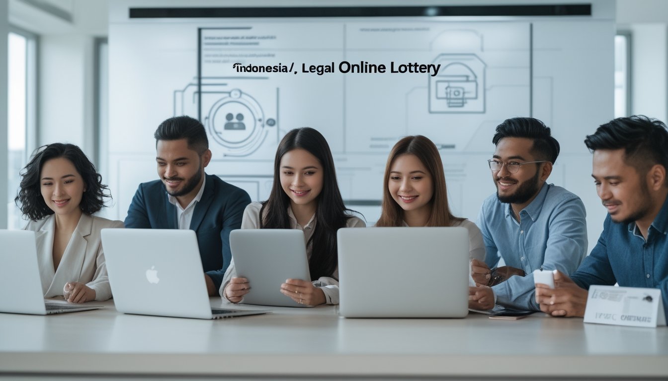 Sekelompok orang bekerja dengan laptop dan ponsel di kantor modern, menunjukkan aktivitas aman dan terpercaya dalam bermain togel online.