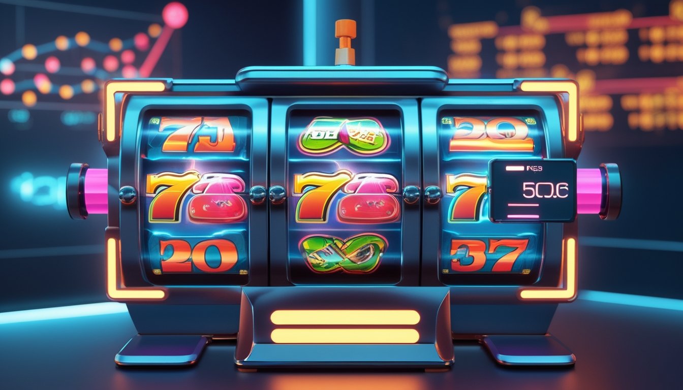 Antarmuka mesin slot digital berwarna cerah dengan simbol berputar dan grafik kemenangan di latar belakang.