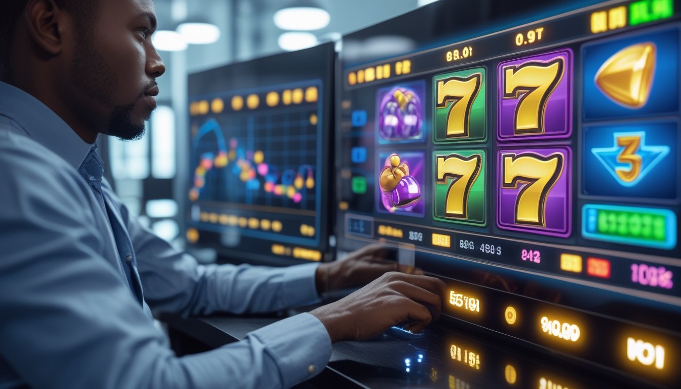 Seorang individu sedang menganalisis grafik dan simbol mesin slot digital di depan layar sentuh di lingkungan kantor modern.