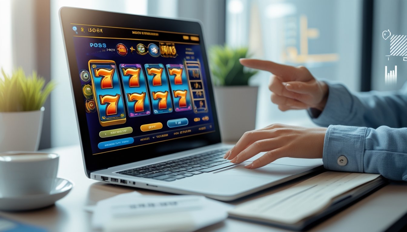 Seseorang menggunakan laptop yang menampilkan permainan slot online dengan suasana kerja yang nyaman dan fokus.