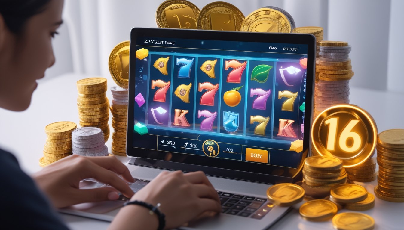 Seorang pemain muda sedang menggunakan komputer dengan tampilan permainan slot online yang berwarna-warni dan simbol kemenangan di sekitarnya.
