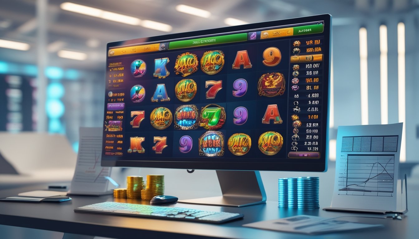 Seorang pemain duduk di depan komputer dengan tampilan permainan slot online yang berwarna-warni dan grafik kemenangan, dikelilingi oleh elemen strategi seperti grafik dan catatan di meja yang rapi.