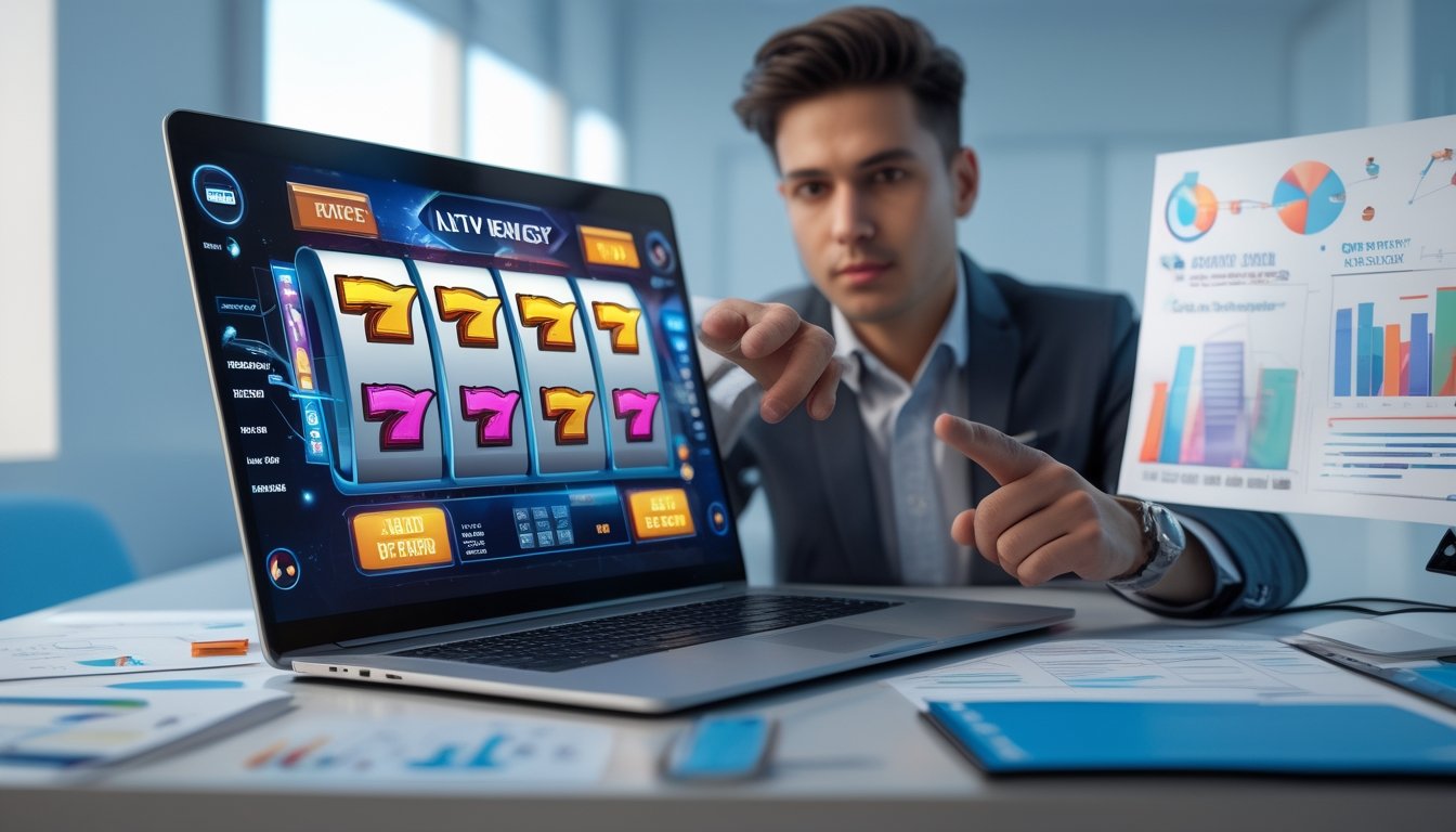 Seorang profesional sedang menggunakan laptop dengan tampilan permainan slot online di layar, dikelilingi oleh grafik dan catatan strategi di meja kerja.